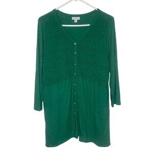 J. Jill Tunic Button Down Top M Kelly Green Cotton Blend 3/4 Sleeve Smocked Casu